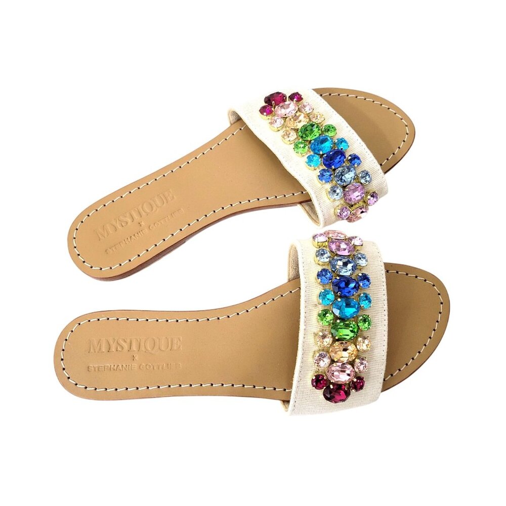 Mystique Bejeweled White Sandals With Rainbow Crystal Embellishments - Slip-On - Picture 3 of 7